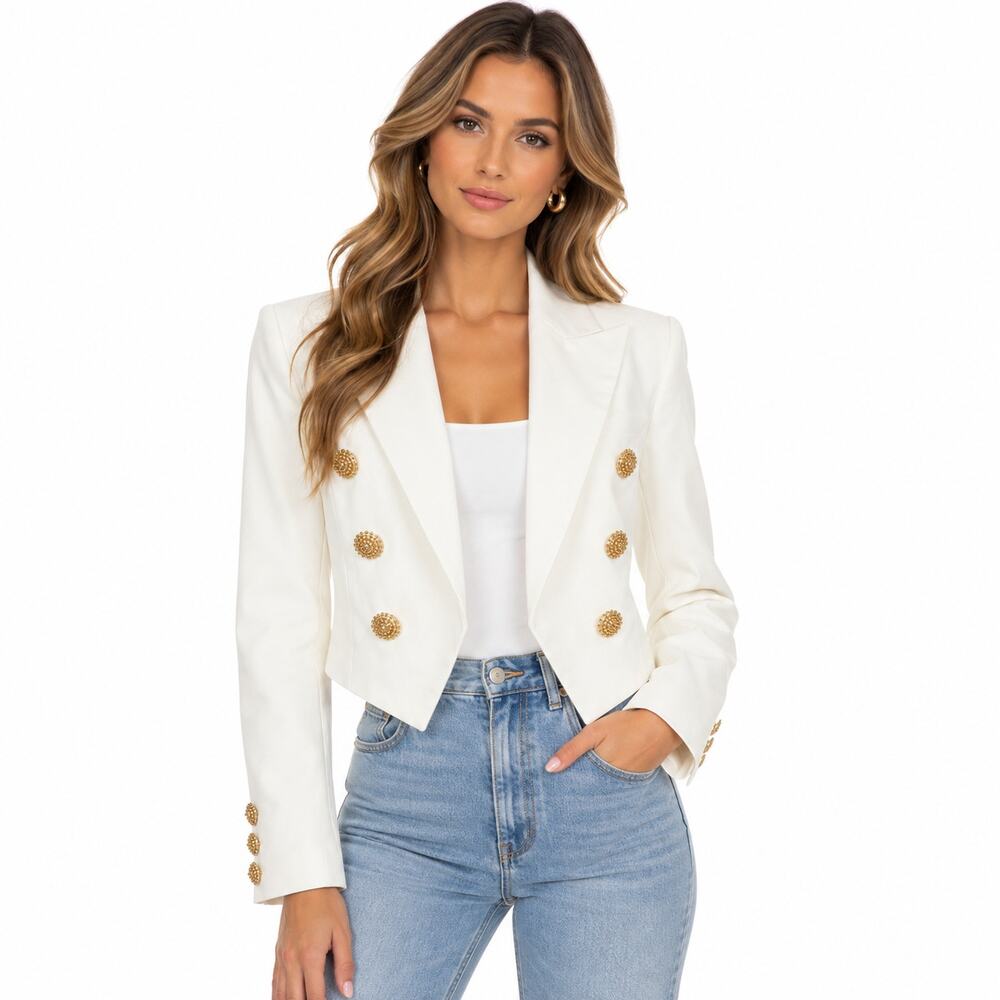 NWT LAGENCE Ivory White Crop Blazer Gold Button Double Breast Size 6 Work Blazer